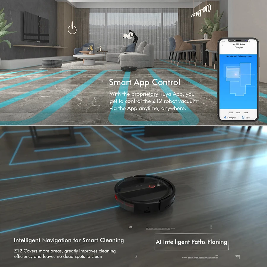Z12 로봇 진공 청소기, 3 in 1 청소 로봇, 4800Pa 전원 앱, 가상 벽, 자동 충전, 스마트 홈 진공 청소 및 걸레질