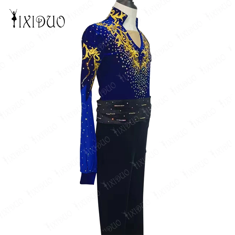 Figure Skating Performance Costume Ballet Dance Gymnastics Yoga Leotard Long Sleeve Shiny Rhinestone Men\'s Skating Suit + Pants