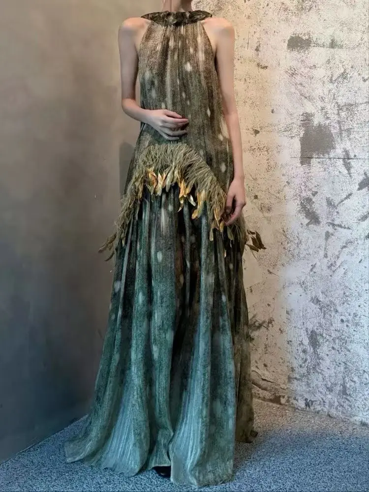 

Women Feather Decoration Maxi Dress 2026 New Ruffled Collar Sleeveless Vintage 100% Silk Robe
