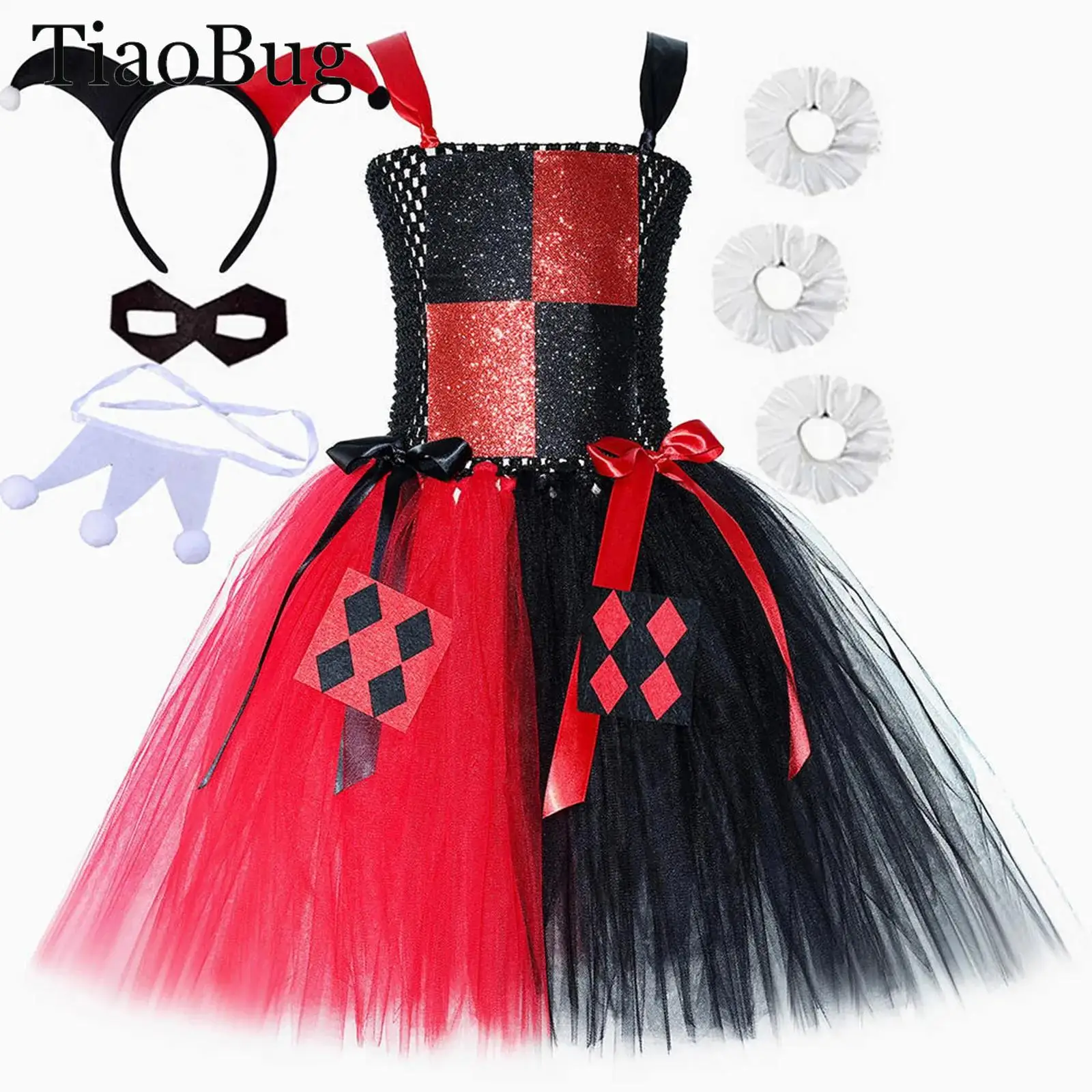 

Girls Halloween Circus Clown Cosplay Costume Hollow Out Patchwork Puffy Tutu Dress Christmas Birthday Party Queen Role Play