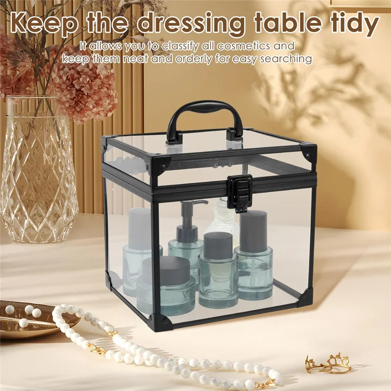 

ABKD Crown Box, Clear Makeup Case Train Case With Latches & Handle Makeup Tools Box B