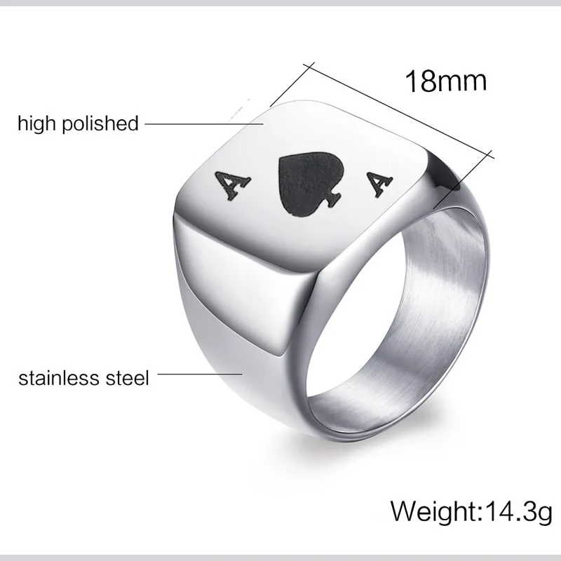 Poker Spades A Ring for Men Boys,Stainless Steel Stamp Ring Chunky Ring,Poker Enthusiast Jewelry Gifts