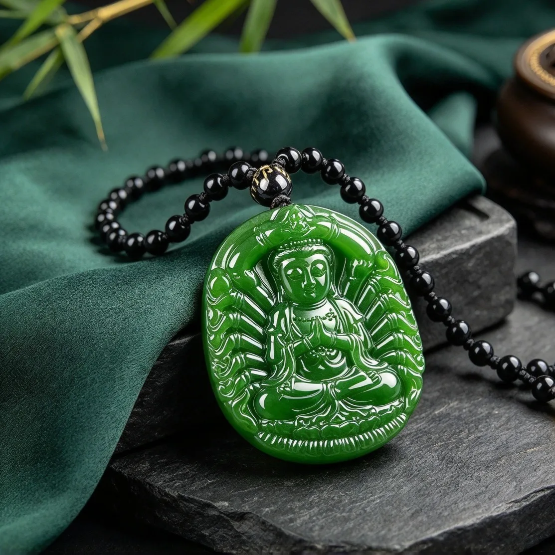 Natural Green Jade Guanyin Pendant Necklace Goddess Mercy Amulet Vintage Sweater Chain Jewelry Daily Lucky Gift Drop Shipping view 5