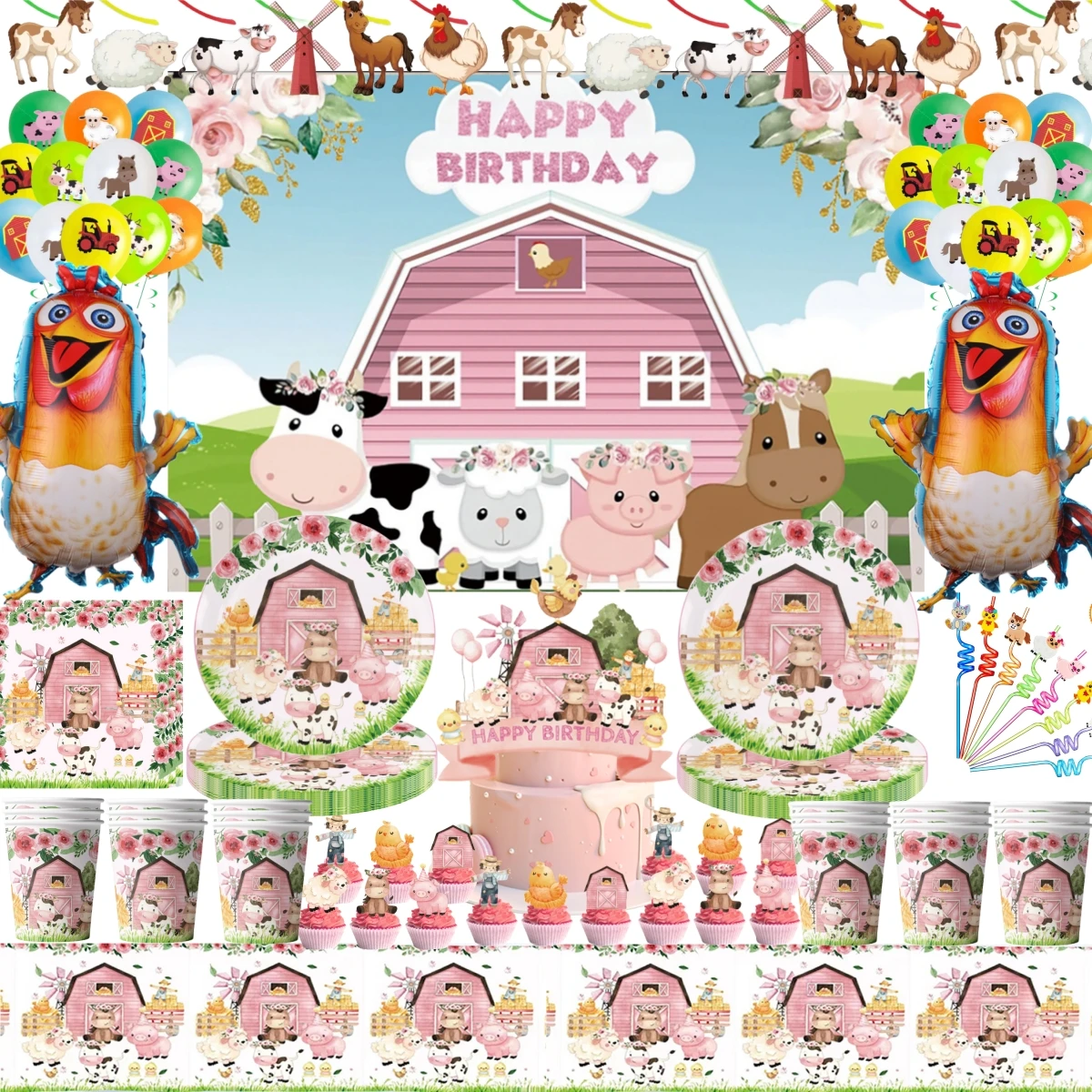 Pink Farm Animal Birthday Decoration Cow Disposable Cup Plate Napkin Tablecloth Balloon Baby Shower Kids Favor Party Supplies