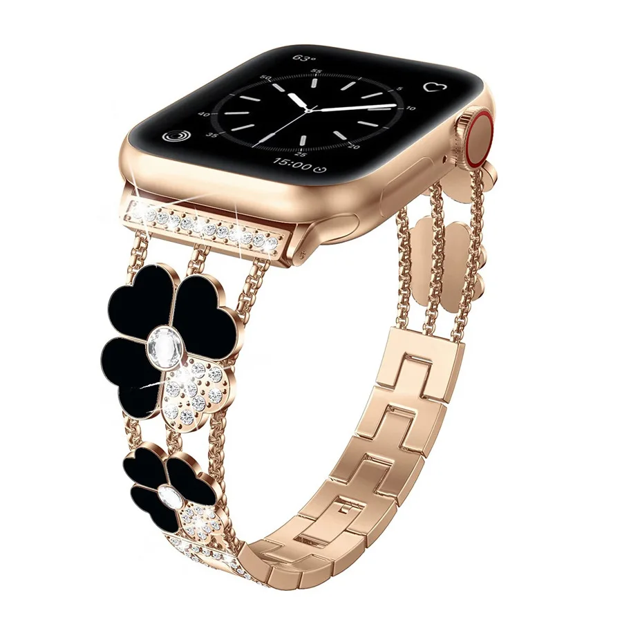 Pulsera de Metal con trébol de cuatro hojas para Apple Watch, correa de pulsera de cristal y Diamante, serie Ultra SE 9/8/7/6/5/4/3/2/1