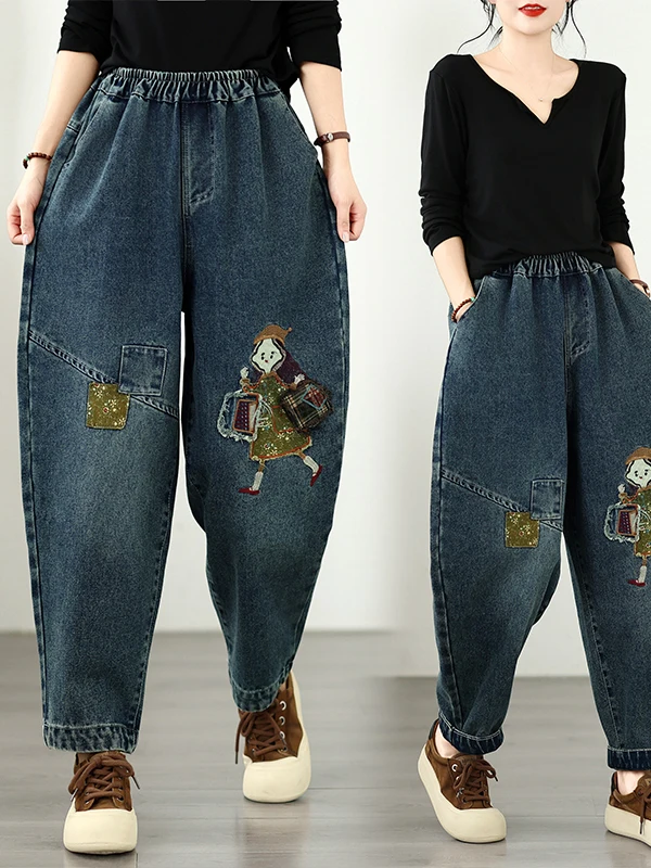 Retro Embroidered Denim Jeans Women's Summer Large Size Loose Casual Fashion Artistic Harajuku Dad Pants Multi-Functional