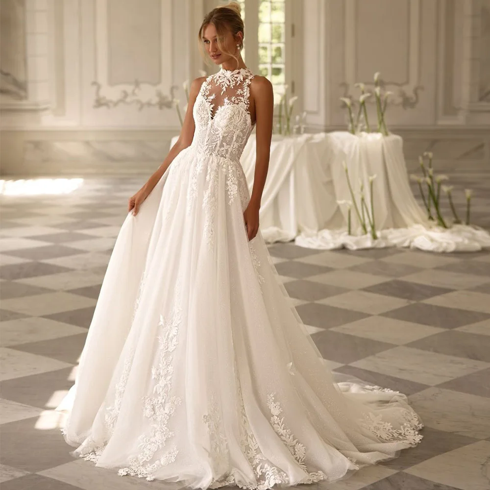Modern Halter Sleeveless Customized Bridal Gowns Fashion Backless Chiffon Wedding Dress Delicate Appliques A-Line Robe de mariée
