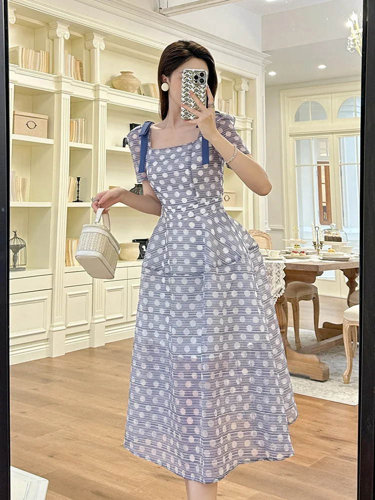 Vintage Cute Blue White Polka Dot Midi Dress Women's Sheer Swing Ball Gown Female Casual Daily Party Vestidos Dating Prom Robe
