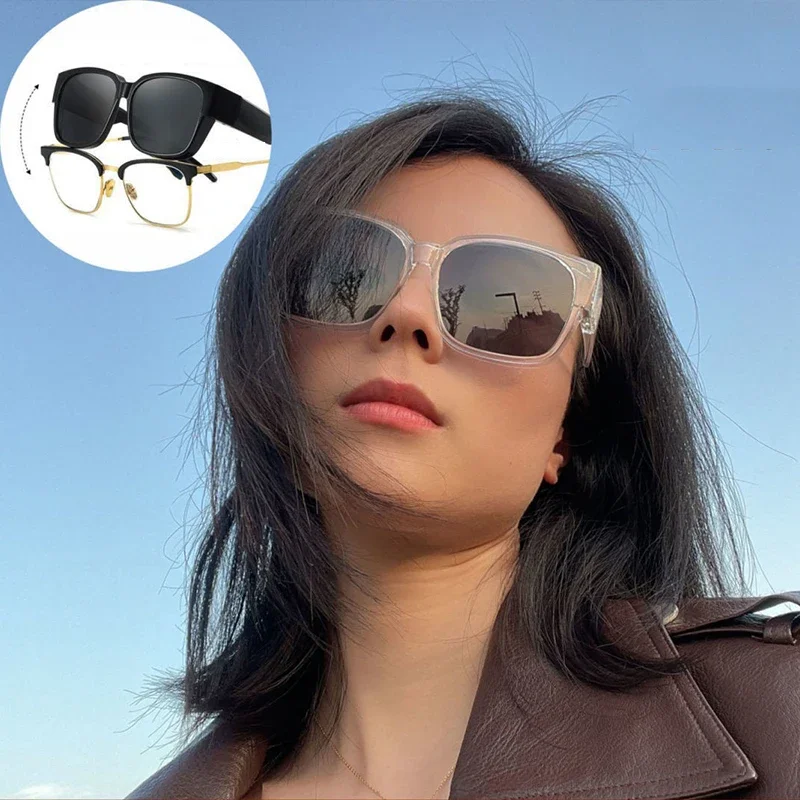 Men Women Large Frame Sunglasses Wear Over Myopia Prescription Glasses Set Vintage Outdoor Travel Night Vision Driving Goggles
