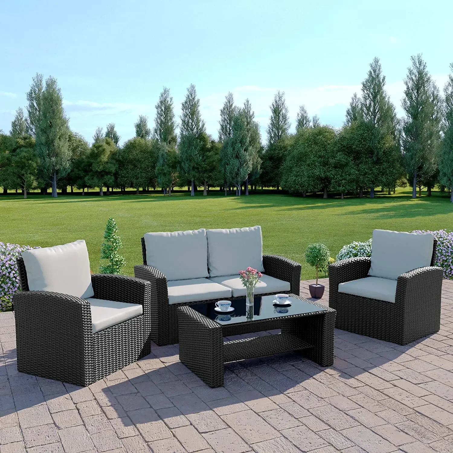 Outdoor Garden Patio/Conservatory 4 Seater Sofa and Armchair set with Cushions and Coffee Table