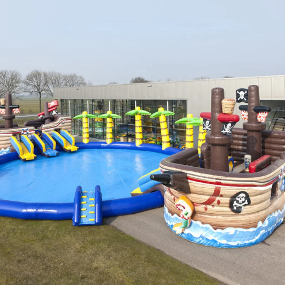 Inflatable Waterworld Pirate Battle Water Park With Landing Pool Slides For Children