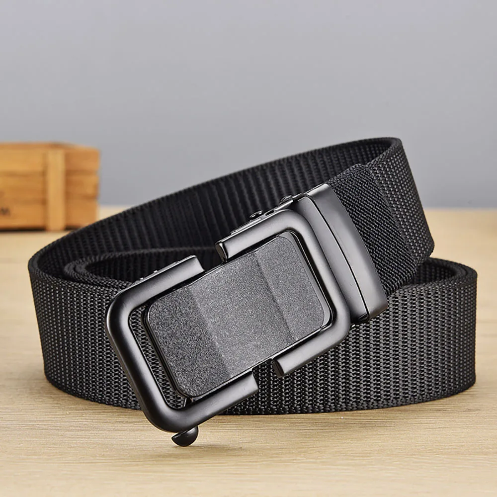 Men\'s Belt Nylon Canvas Web Webbing Belt Automatic Buckle Military Tactical Belt Outdoor Work Waist Belt Strap-Black Khaki