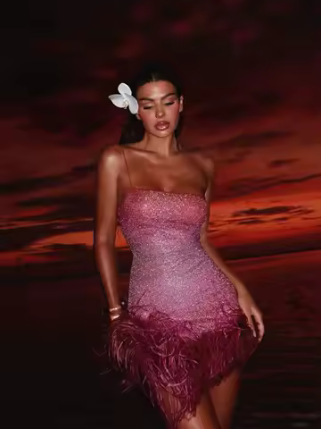 Sparkly Short Dress Women Feather Mini Dresses Sleeveless Naked Waist Dress Summer Party Evening Female Vestidos