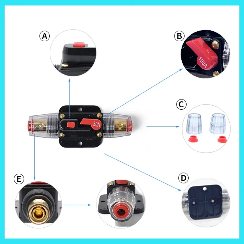 12V/24V DC Insurance Resettable Fuse Circuit Breaker Audio Amplifier Overload Protection Fuse Holder 30A 40A 50A 80A 100A 150A