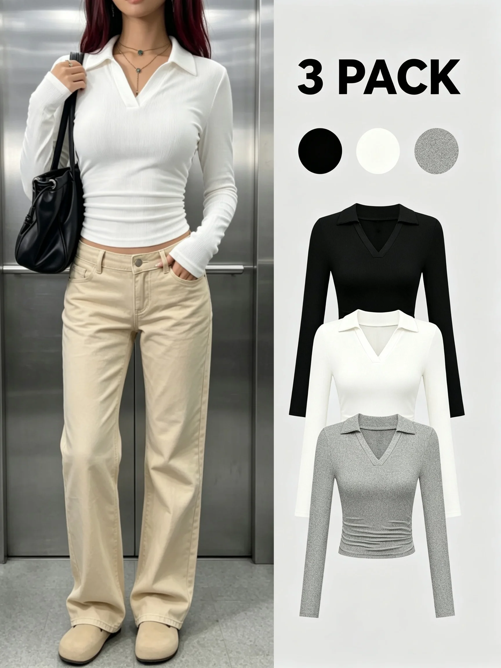 3 Pack Women Polo Collar Ribbed Knit Long Sleeve Top Ruched Waist Slim Fit Crop Tee Y2K Sexy Casual Commute Basic Shirt