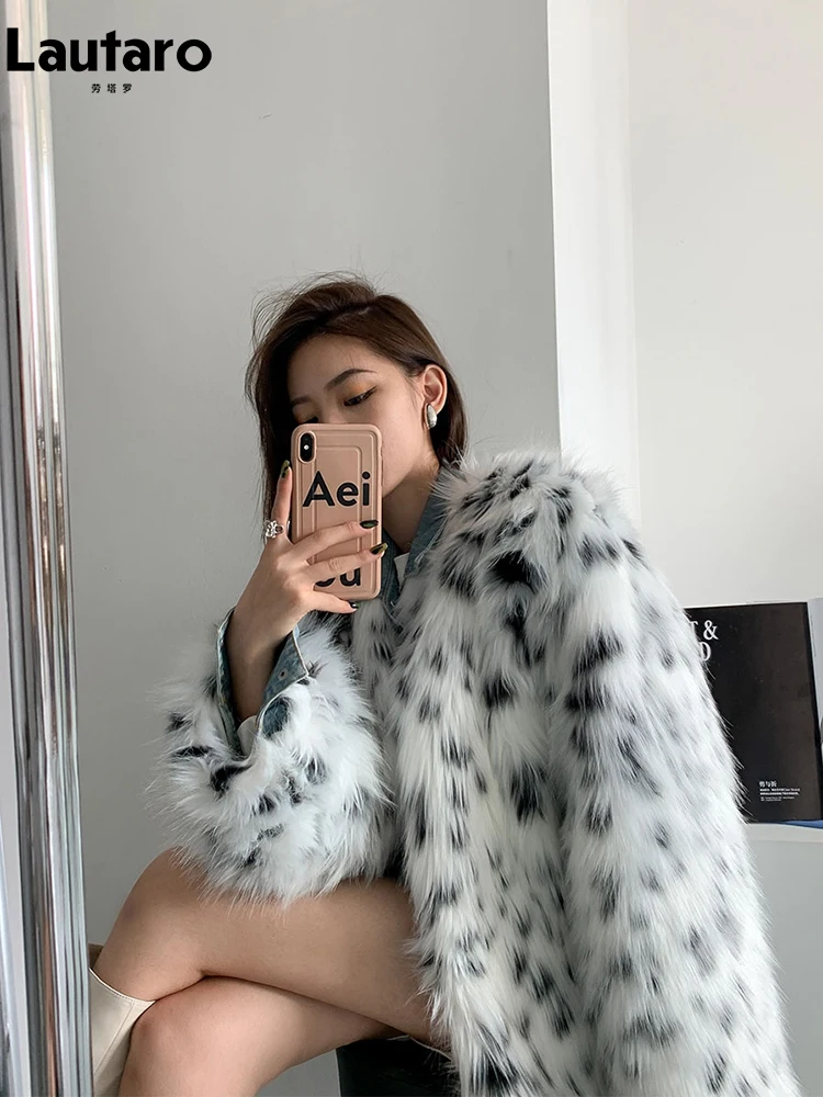 

Lautaro Autumn Winter Luxury Colorful Warm Thick Soft Hairy Faux Fox Fur Coat Women Long Sleeve Loose Stylish Fluffy Jacket 2024