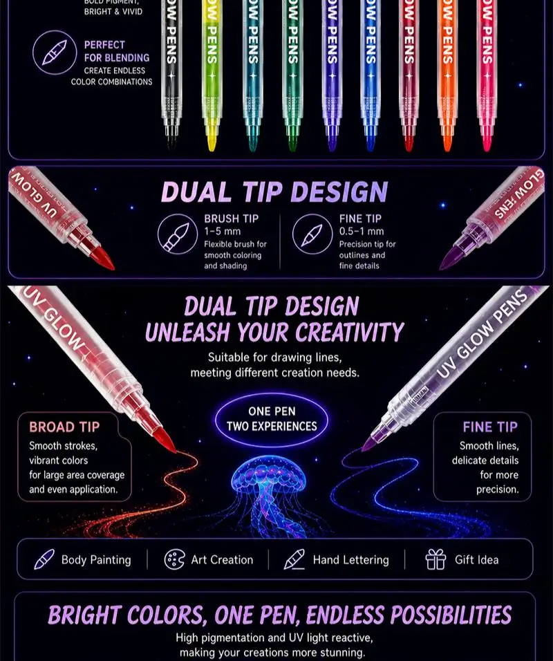 12-18 Farben UV-Doppelspitzen-Leuchtmarker Schwarzlicht-Reaktive Stifte Ungiftige Abwaschbare Körperkunst DIY-Handwerk Fluoreszierende Textmarker – Detail 5
