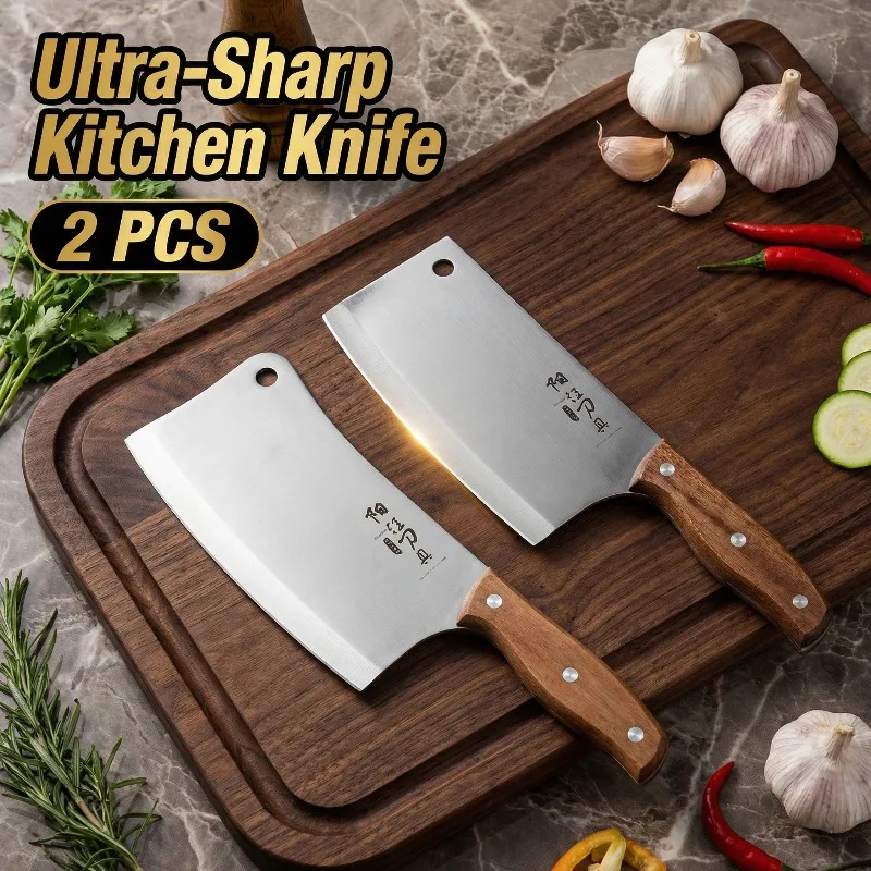 

New Professional Kitchen Knife Set 2Pc–High Carbon Steel Slicing&Bone Cleaver with Wood Handle|All-Purpose Utility Chef Knife