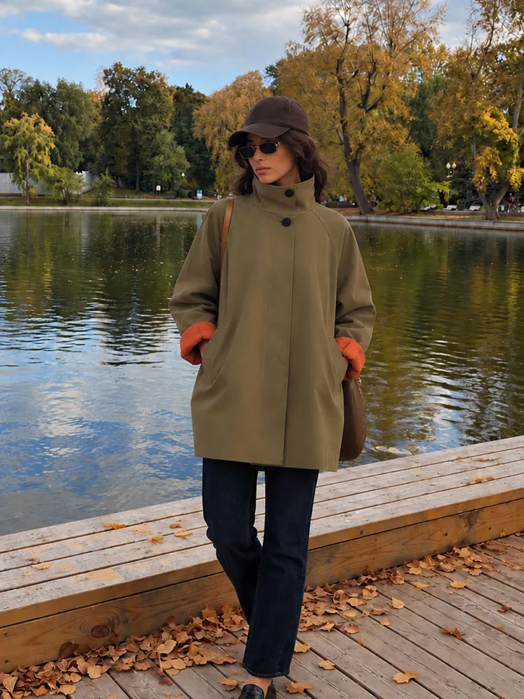 HH Daily Commute Olive Green Stand Collar Mid-length Coat Women Fall Raglan Sleeve Relaxed City Work Versatile Chic Outerwear