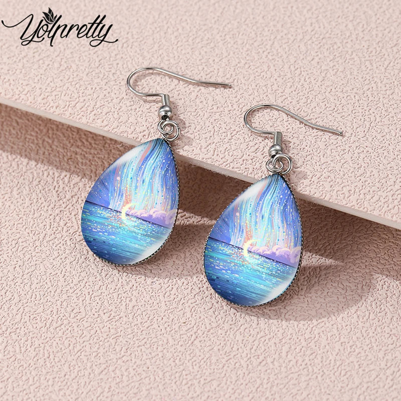 2024 New Blue Dream Illustration Tear Drop Hoop Earrings Dangle Hook Glass Cabochon Stainless Steel Earrings Jewelry