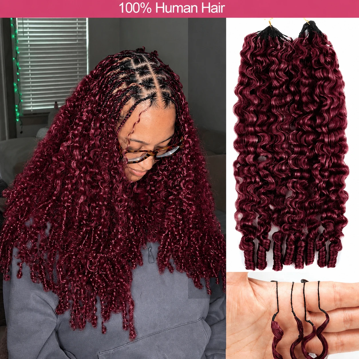 99J Dark Burgundy Feather Crochet Human Hair Pre-separated Miracle Knots Burmese Curly Invisible Human Crochet Hair Extensions