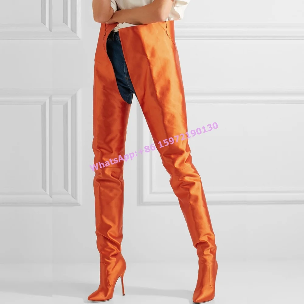 Solid Runway Thigh High Boots Satin Colorful Slip On Pointy Toe Thin Heels Light Color Women's Shoes Fashion Long Boots 2025