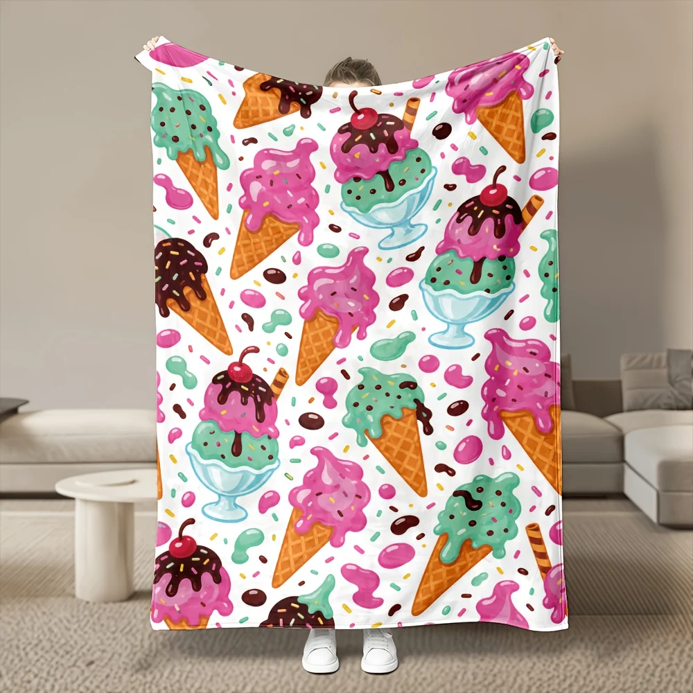1pc Colorful Ice Cream Pattern Flannel Blanket, Premium Ultra Soft Warm Cozy Comfort, Heavyweight 280GSM Quality, Machine Washable Easy Care, for Bedroom Sofa Bedding Items Office Dorm & Car, Cozy Winter Throw Blanket, Ideal Gift Choice