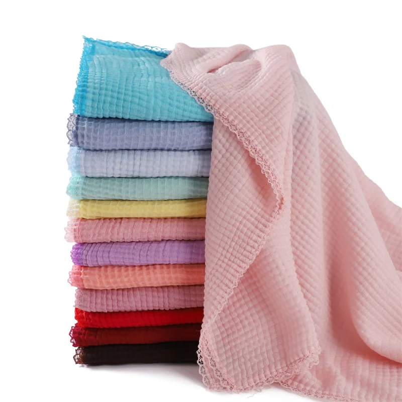 

New Lace Edge Small Plaid Crumpled Cotton and Linen Scarf Candy Color All-Match Shawl Headcloth One Piece Dropshipping