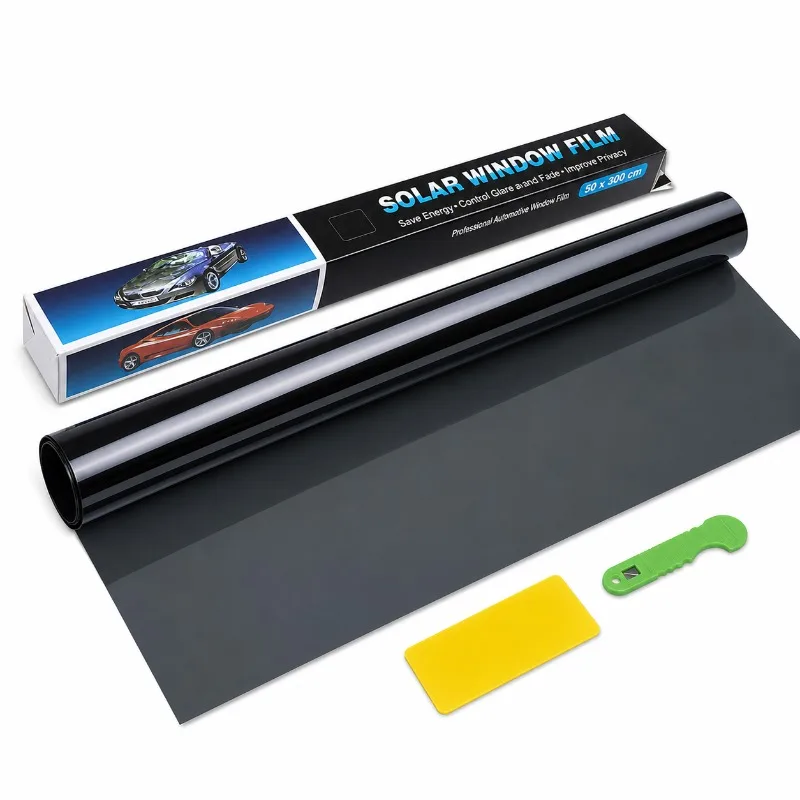 Autofenster-Tönungsfolie 50x300cm, Schwarze Solar-Fensterfolie mit Abzieher & Schneidewerkzeug, Hitze-UV-Schutzfolie für Autos