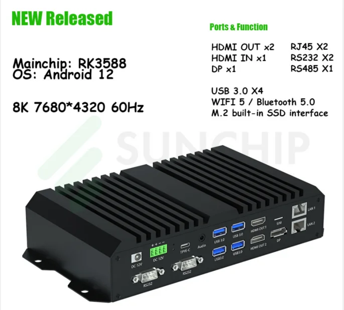 Android 12 16+64GB RK3588 Box 2* Output Industrial 8K Media Player Box for Industrial-control Application