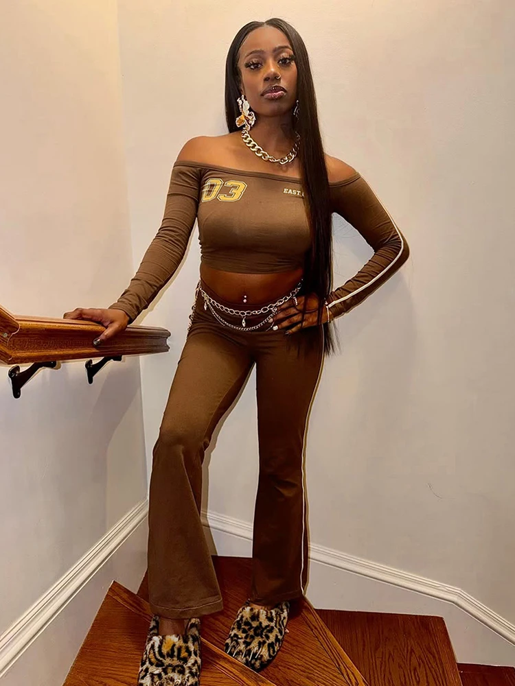 

Спортивные костюмы Weird Puss Hottie в полоску, комплект из 2 предметов, женский укороченный топ с разрезом на шее и буквенным принтом + расклешенные брюки на шнурке, спортивный тонкий наряд