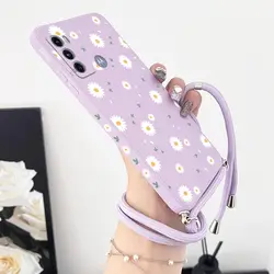 G60 Deciduous Daisies Lanyard Silicone Phone Case For Motorola Moto G60 G62 G60S G40F G42 G72 G34 G24 G52 G54 G22 G84 G30 Cover