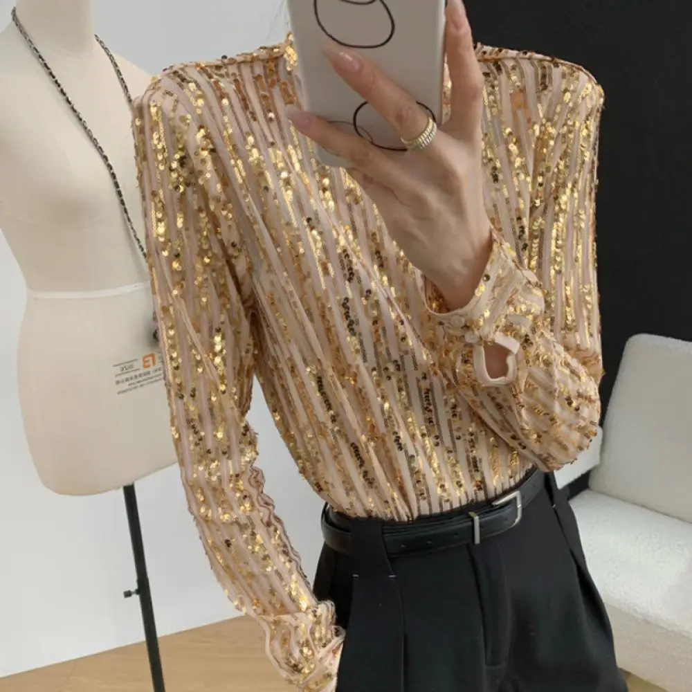 Spring Women Mesh Tops Brand Blouse Handcrafted Sequin Blingbling Striped Golden Luxury Shirts Long Sleeve Stand Collar