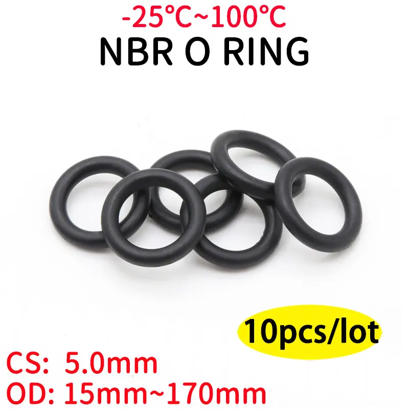 

10pcs NBR O Ring Seal Gasket CS 5mm OD 15~170mm Nitrile Butadiene Rubber Spacer Oil Resistance Washer Round Shape Black