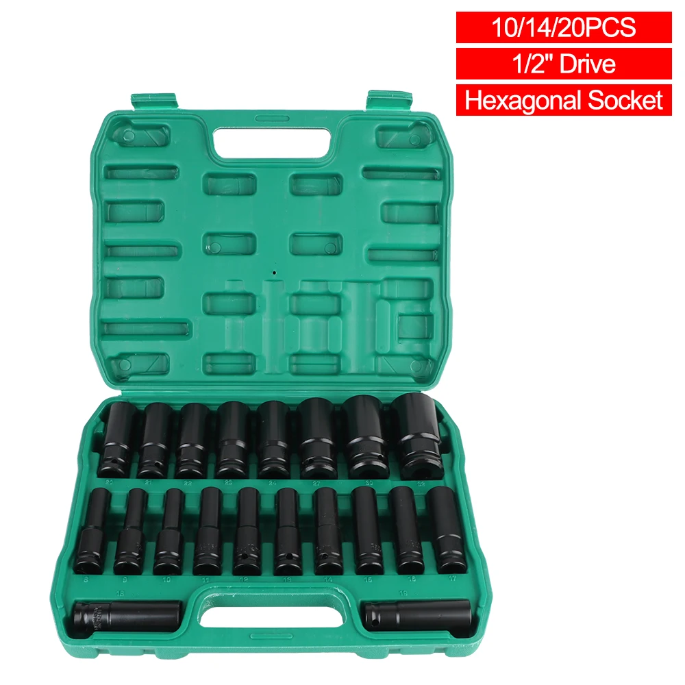 Ratchet Torque Socket Car Repair Tools Hexagonal Socket Set 1/2Inch Drive 38mm/78mm Length Extender 10/14/20Pcs Removal Tools