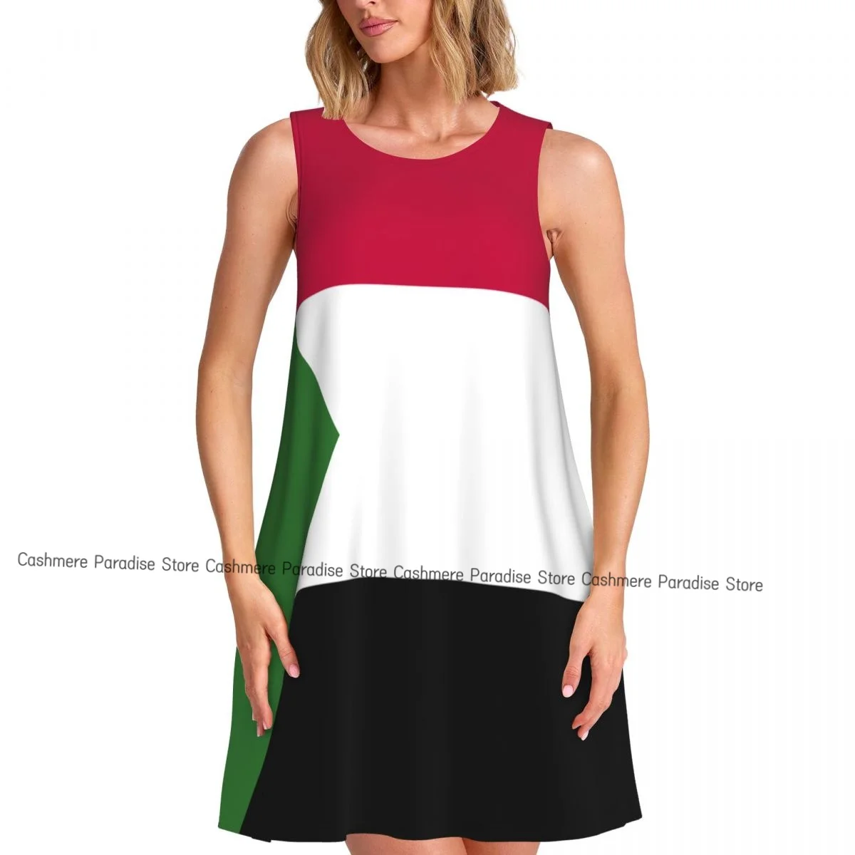 2025年女性用サマードレス ビーチTシャツ サンドレス ノースリーブ スーダン国旗柄 カジュアル ルーズ タンクドレス