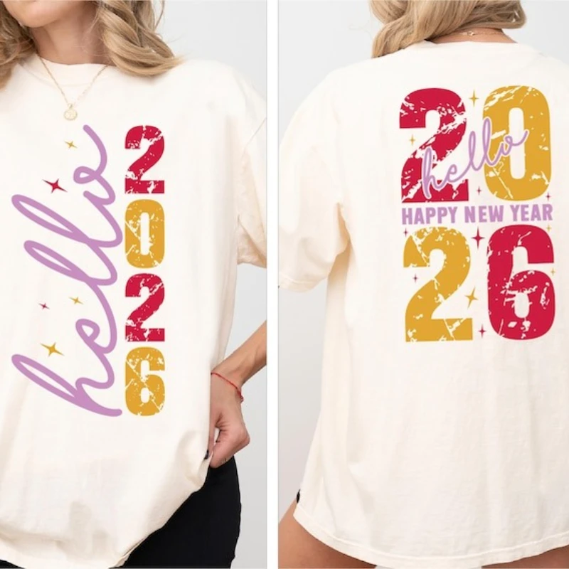 مرحبا سنة جديدة سعيدة 2026 القطن تي شيرت الأسرة مطابقة الاحتفال احتفالي حفلة عطلة طاقم الرقبة موضة لينة مريحة #3