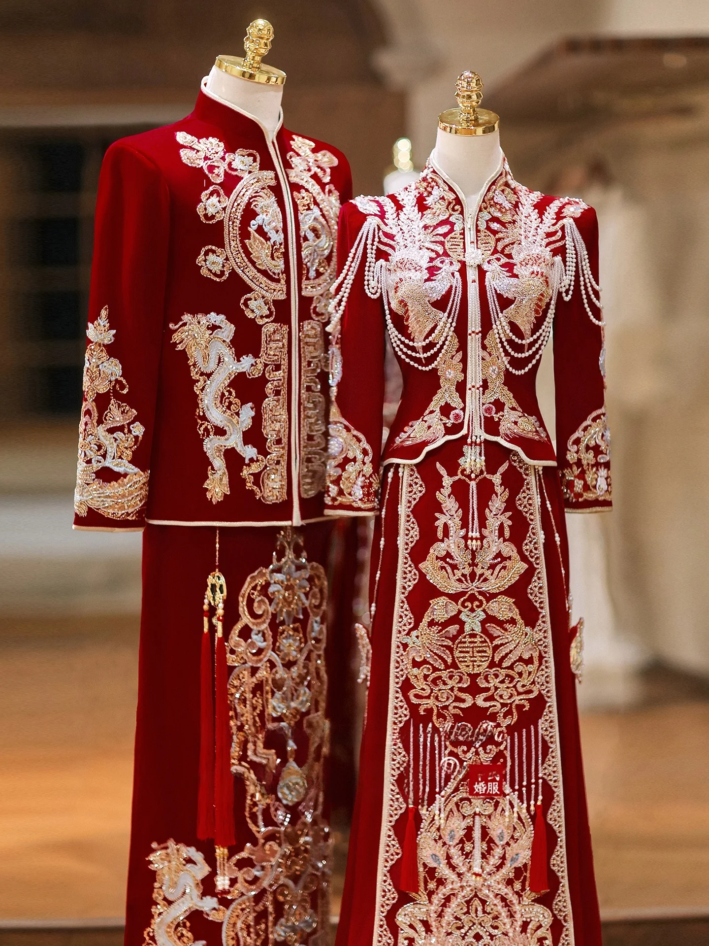 

Chinese Sle Wedding Dr Couple Set Men Women New Bride Gown National Faion Polyester Fiber Seven Sve Length
