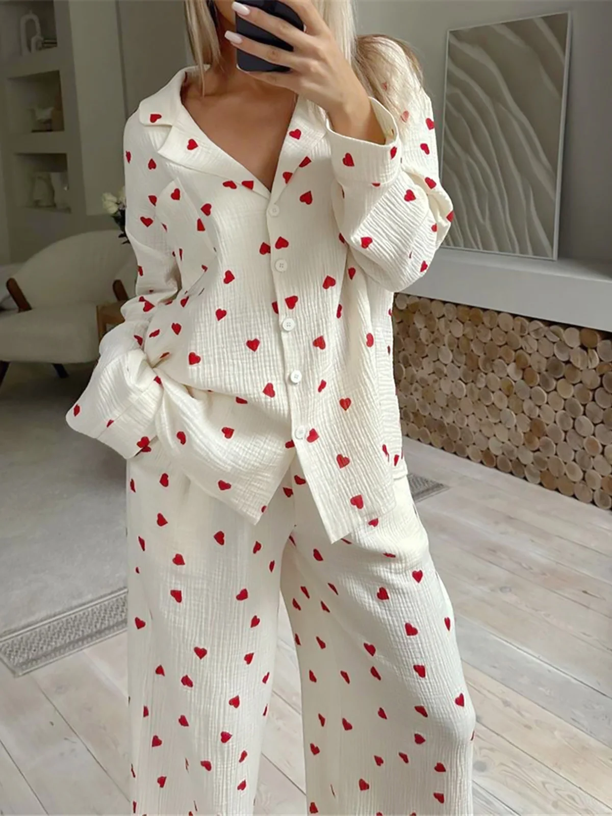 Love Print Cotton Pajamas For Women Single-Breasted Pocket New In Women's Sleepwear Lapel Long Sleeve Woman Clothing D323