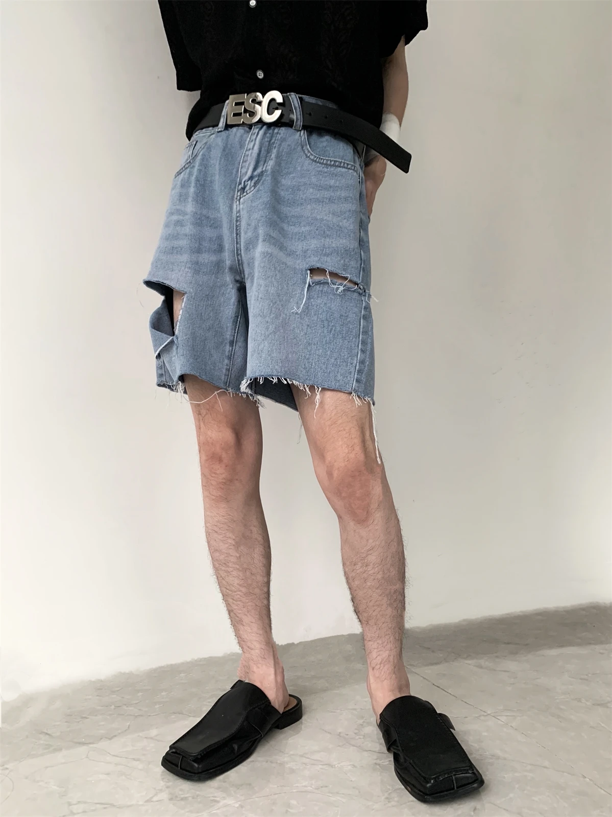 Retro Summer Denim Shorts for Men High Waist Zipper Closure Asymmetrical Washed Outwear Casual Wear Resistant Straight Leg