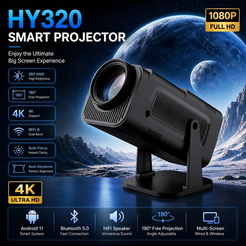 New HY320 Smart Projector 4K Full HD Android 1280*720P Dual Wifi Video Portable Outdoor Home HD LED Proyector Cine En Casa Pro