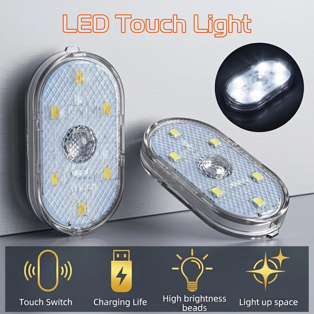 1-4PCS Touch Light for Car Led Light 6 Bright LED Beads Finger Touch Sensor Reading Lamp Gentle Illumination for Car Trunk Hood