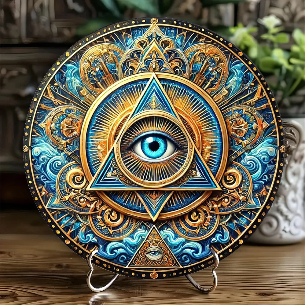 Mystical Eye of Providence Mural – Circular Aluminum Wall Art with Ornate Wreath Centerpiece