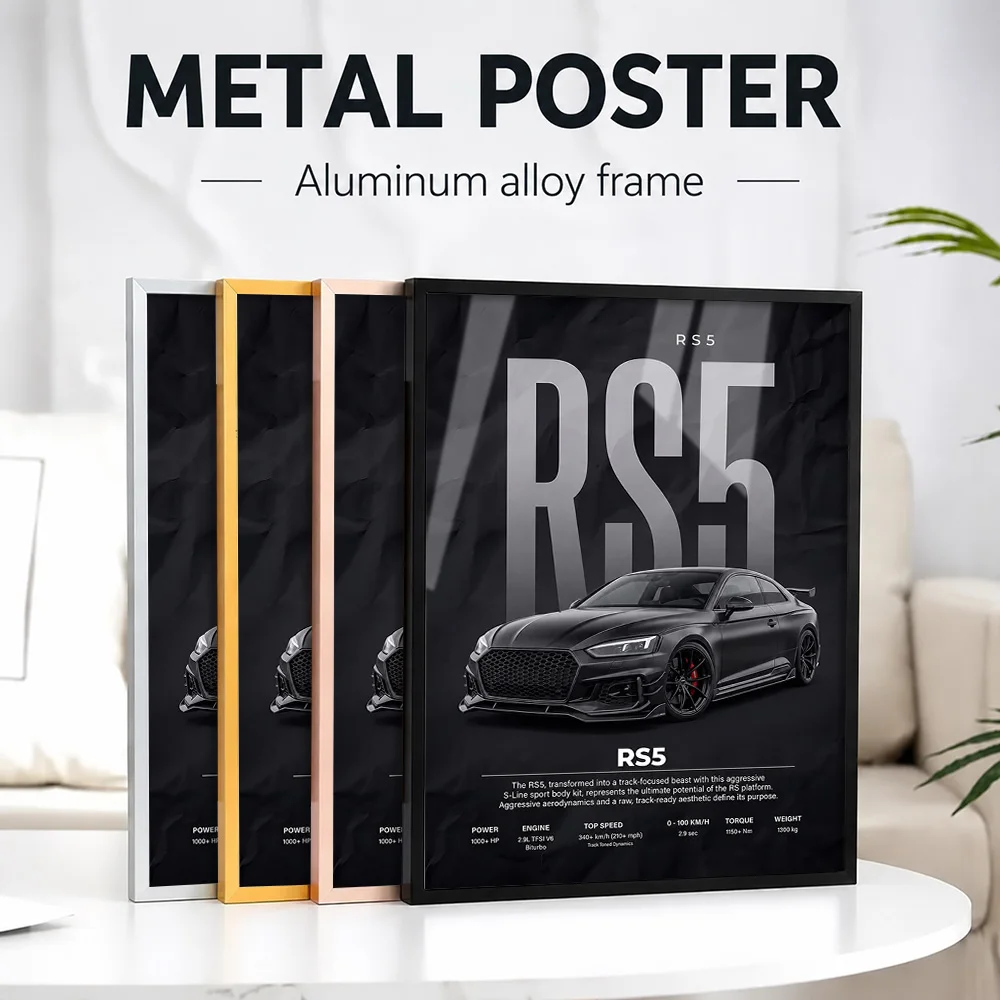 Black Sleek RS5 Track Focused Sports Car Metal Poster With Aluminum Alloy Frame Customized Photo Modern Style Wall Art For Study