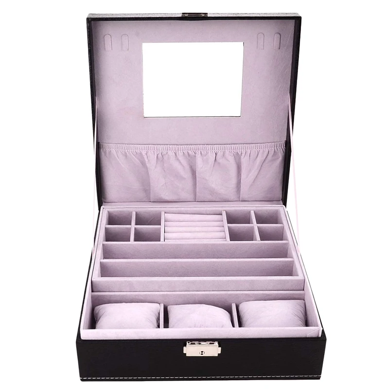 

Watch Box And Jewelry Holder Organizer,PU Leather Case Display Organizer Storage Display Jewelry Watch With Lock And Mirror