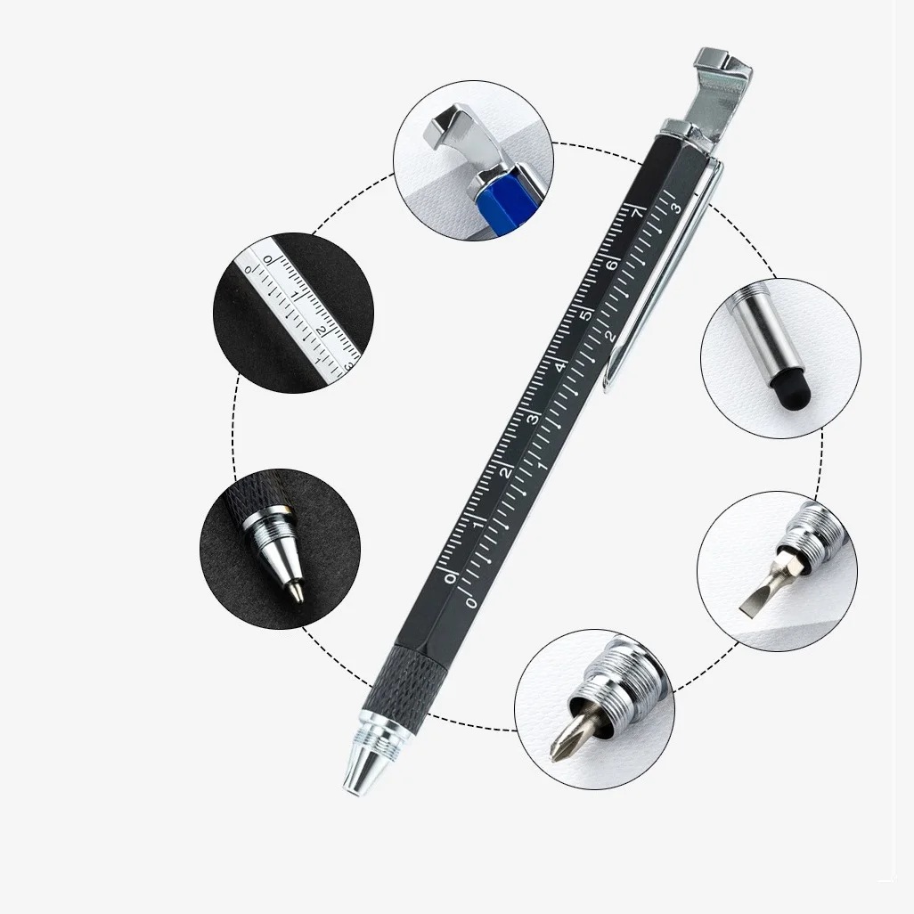 2PC Multifunction Gel Ink Pen with Caliper Design for Measuring Length and Thickness Includes Roller Ball Pen and Level Tool