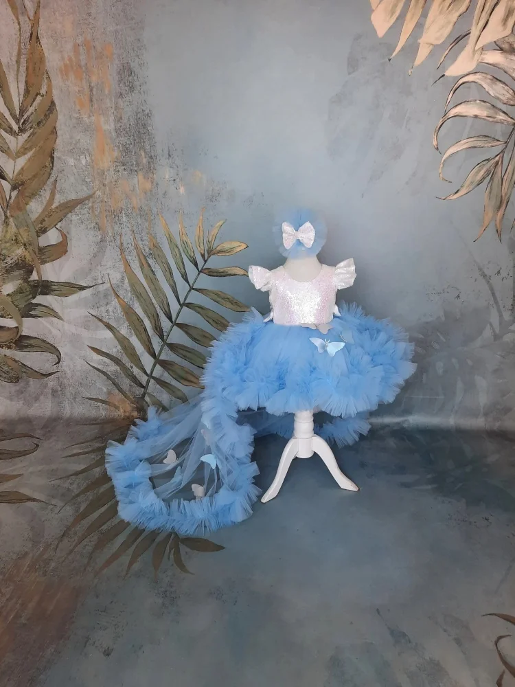 Fairy Ice Blue‑White Sequin Tutu Flower Girl Dress Fly Sleeve V‑Back Oversized Bow Fluffy Cloud Baby Birthday Photoshoot Party
