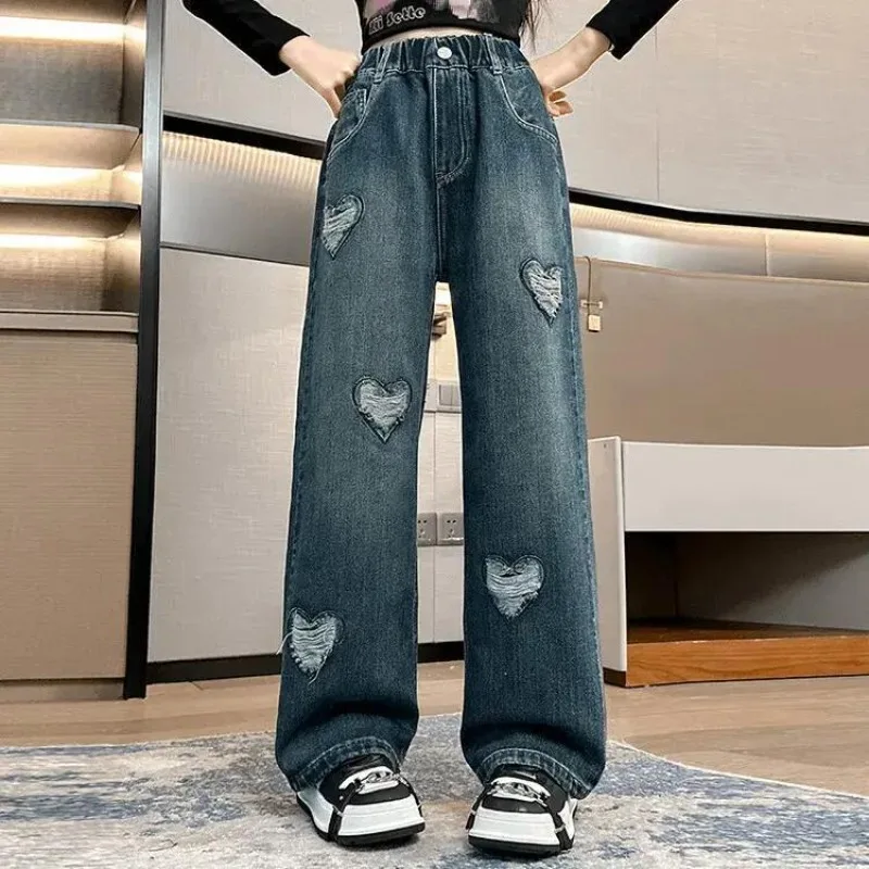 

Teens School Children Trousers Spring Design Casual Loose Jeans for Girl Elastic Waist Fashion Kids Straight Pants Hot Sale 12T