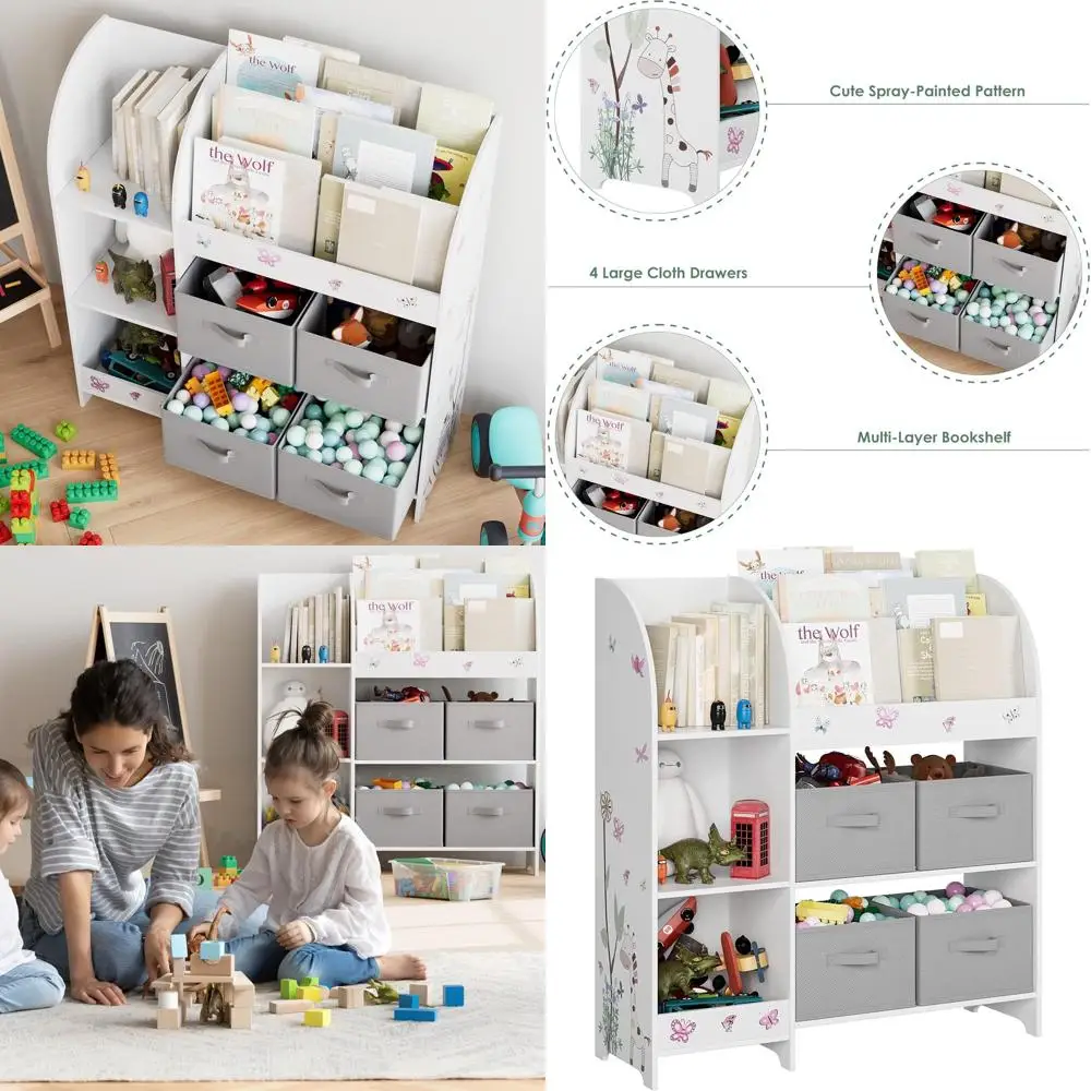 

Children's 3-Tier Bookcase with 4 Fabric Bins, Toy Storage Organizer for Playroom, Kids' Room, Nursery, and School