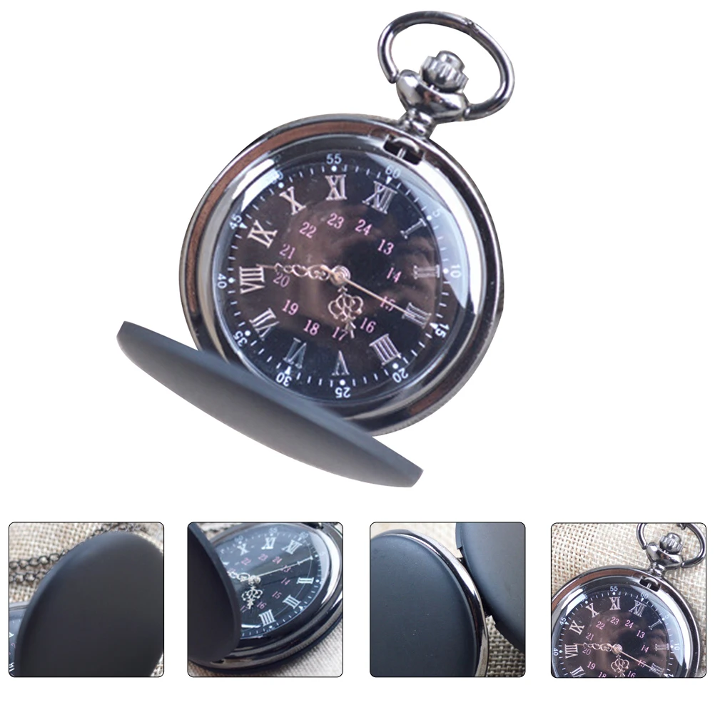Quartz Pocket Watch Black Frosted Compact Lightweight Portable Retro Vintage Watch Chain Included for Men Women